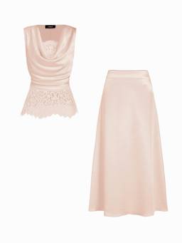 Cider - Satin Lace Women's Cowl Neck Flared Skirt Set Pink