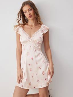Cider - Satin Floral Women's V-Neck Ruffle Sleeve A-Line Mini Dress Pink