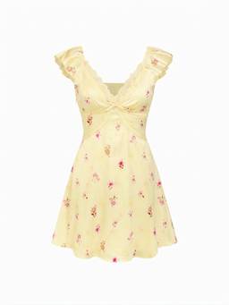 Cider - Satin Floral Women’s V-Neck Ruffle Sleeve A-Line Mini Dress Yellow