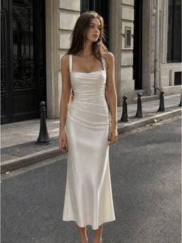 Cider - Satin Sculptural Women Ruched Square Neck Maxi Dress Cream