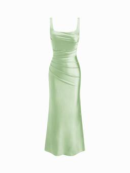 Cider - Satin Sculptural Women's Ruched Square Neck Mermaid Maxi Dress Green