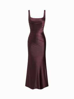 Cider - Satin Sculptural Women’s Square Neck Ruched Maxi Dress Purple