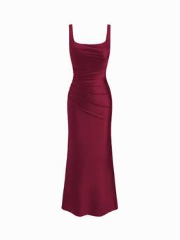 Cider - Satin Sculptural Women's Square Neck Ruched Mermaid Maxi Dress Wine