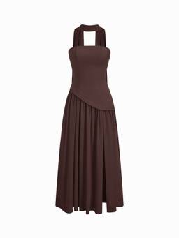 Cider - Chiffon Women's Halter Neck Lace-Up Bodycon Maxi Dress Brown