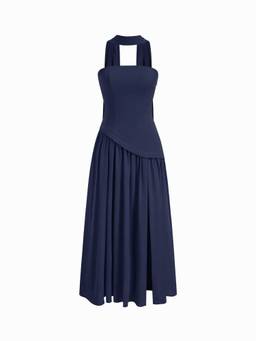 Cider - Chiffon Sculptural Women's Halter Neck Lace-Up Maxi Bodycon Dress Navy