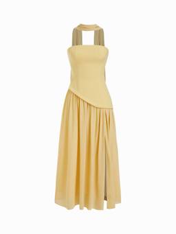 Cider - Chiffon Sculptural Women's Halter Lace-Up Maxi Bodycon Dress Yellow