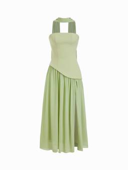 Cider - Chiffon Sculptural Women's Halter Lace-Up Maxi Bodycon Dress Green