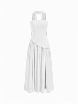 Cider - Chiffon Sculptural Women's Halter Neck Lace-Up Maxi Bodycon Dress White
