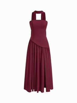Cider - Chiffon Sculptural Women's Halter Lace-Up Bodycon Maxi Dress Wine