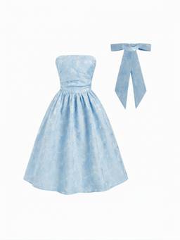 Cider - Jacquard Women's Ruched Lace-Up Bandeau Flared Maxi Dress Blue