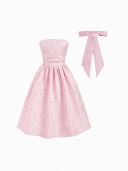 Cider - Jacquard Women's Ruched Lace-Up Bandeau Flared Maxi Dress Pink