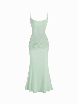 Cider - Mesh Sculptural Women’s V-Neck Corset Bodycon Maxi Dress Green