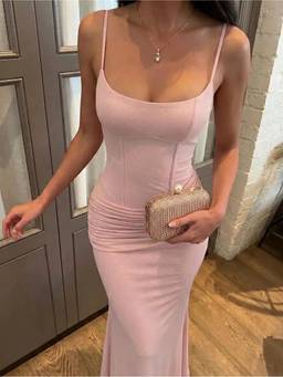 Cider - Mesh Sculptural Women’s Glitter V-Neck Corset Maxi Bodycon Dress Pink