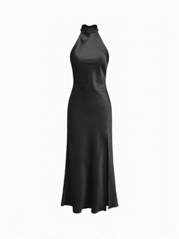 Cider - Satin Women's Halter Neck Wrap Mermaid Maxi Dress Black