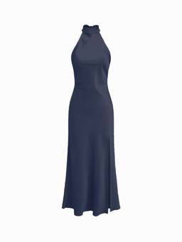 Cider - Satin Women's Halter Neck Wrap Mermaid Maxi Dress Blue