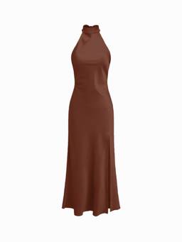 Cider - Satin Women's Halter Neck Wrap Mermaid Maxi Dress Brown