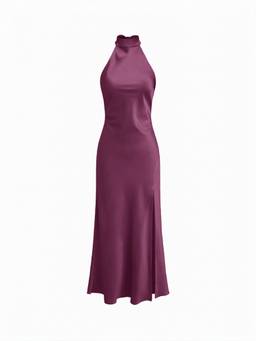 Cider - Satin Women's Halter Neck Wrap Mermaid Maxi Dress Burgundy