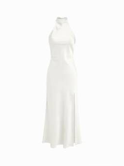 Cider - Satin Women's Halter Neck Wrap Mermaid Maxi Dress Cream