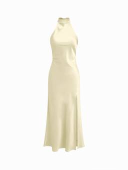 Cider - Satin Women's Halter Neck Wrap Mermaid Maxi Dress Yellow