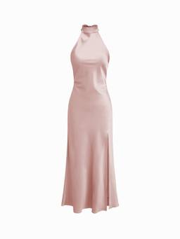 Cider - Satin Women's Halter Neck Wrap Mermaid Maxi Dress Pink