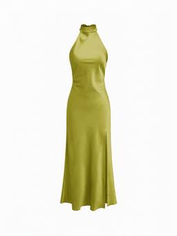 Cider - Satin Halter Women's Wrap Mermaid Maxi Dress Olive