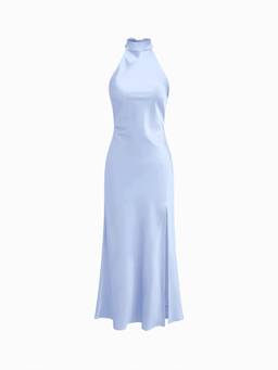 Cider - Satin Halter Neck Wrap Mermaid Maxi Dress Sky Blue