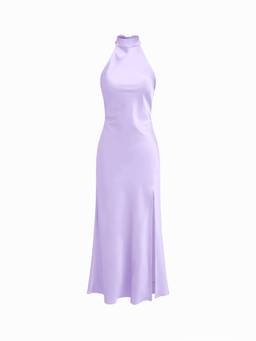 Cider - Satin Women's Halter Neck Wrap Mermaid Maxi Dress Purple