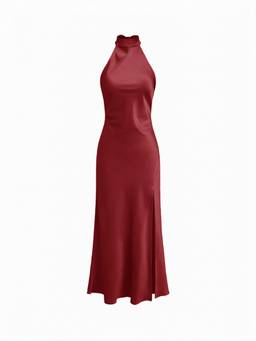 Cider - Satin Women's Halter Neck Wrap Mermaid Maxi Dress Wine