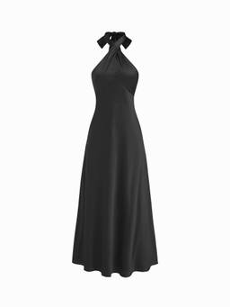 Cider - Satin Women's Halter Neck Twist Knot A-Line Maxi Dress Black