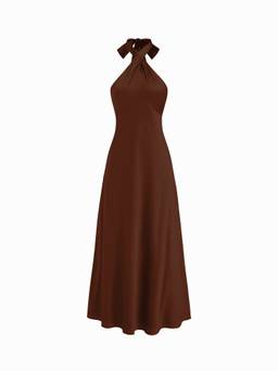 Cider - Satin Women's Halter Neck Twist Knot A-Line Maxi Dress Brown