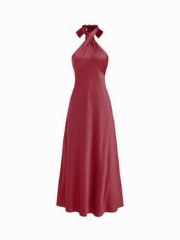 Cider - Satin Women's Halter Neck Twist Knot A-Line Maxi Dress Burgundy