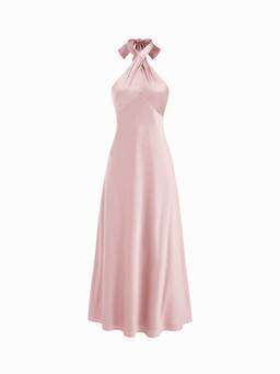 Cider - Satin Women's Halter Neck Twist Knot A-Line Maxi Dress Pink