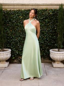 Cider - Satin Women's Halter Neck Twist Knot A-Line Maxi Dress Green