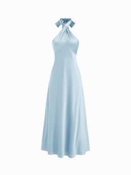 Cider - Satin Women's Halter Neck Twist Knot A-Line Maxi Dress Sky Blue