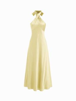 Cider - Satin Women's Halter Neck Twist Knot A-Line Maxi Dress Yellow