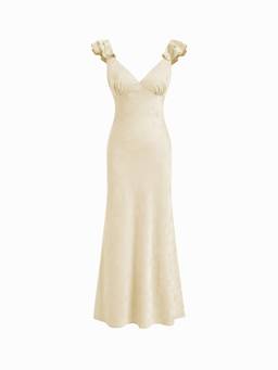Cider - Satin Jacquard Women's V-Neck Ruffle Maxi Dress Cream