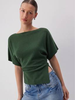 Cider - Knit Women's Batwing Sleeve Asymmetrical Hem Top Dark Green