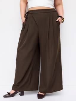 Cider - Women's Mid Rise Tie-Up Pleated Wide-Leg Palazzo Pants Coffee