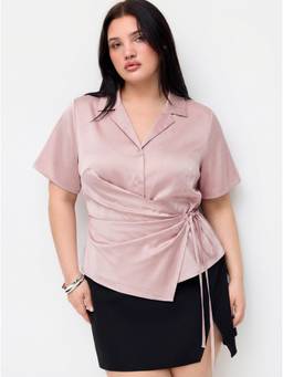 Cider - Collar Tie-Front Knotted Women's Satin Blouse Pink