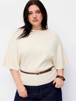 Cider - Knit Women's Batwing Sleeve Boat Neck Top With Belt Cream