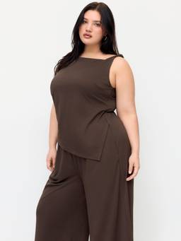 Cider - Ruched Women's Boat Neck Asymmetrical Wide Leg Jumpsuit Coffee