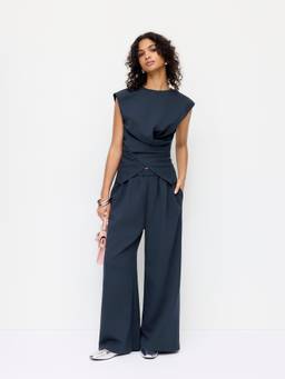 Cider - Cotton Blend Women’s Twist Round Neck Pant Set Navy Blue