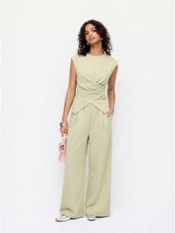 Cider - Cotton Blend Women Twist Round Neck Pant Set Green