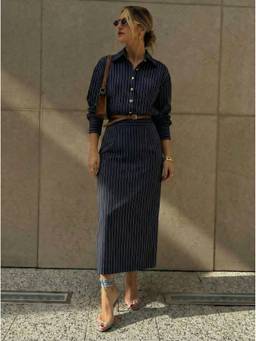 Cider - Striped Collar Women's Button Front Maxi Dress Navy Blue