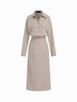 Cider - Striped Collar Women's Button Front Maxi Dress Beige