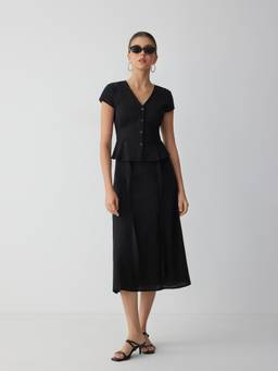 Cider - Cotton Women's V-Neck Button Front Skirt Set Black