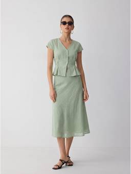 Cider - Cotton Women's V-Neck Button Front Skirt Set Green