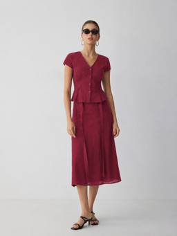 Cider - Cotton Women's V-Neck Button Front Skirt Set Wine