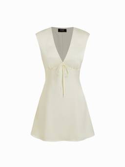Cider - Satin Women's V-Neck Ruched Tie-Back Mini Dress Beige