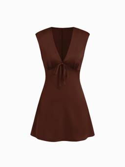 Cider - Satin Women's V-Neck Ruched Tie-Back Mini Dress Brown